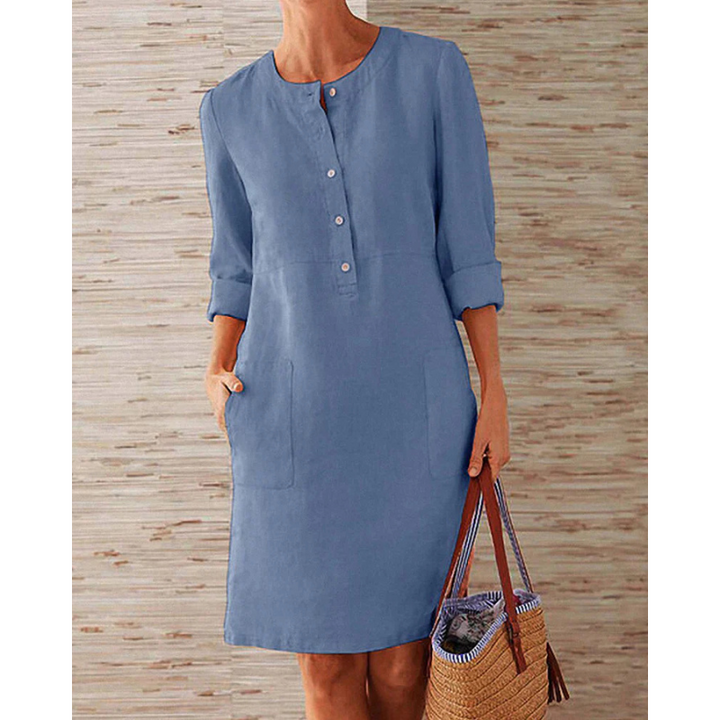 Stylish women's casual dress with pockets & round neckline – Niva-Blue-M-Nora Luxe