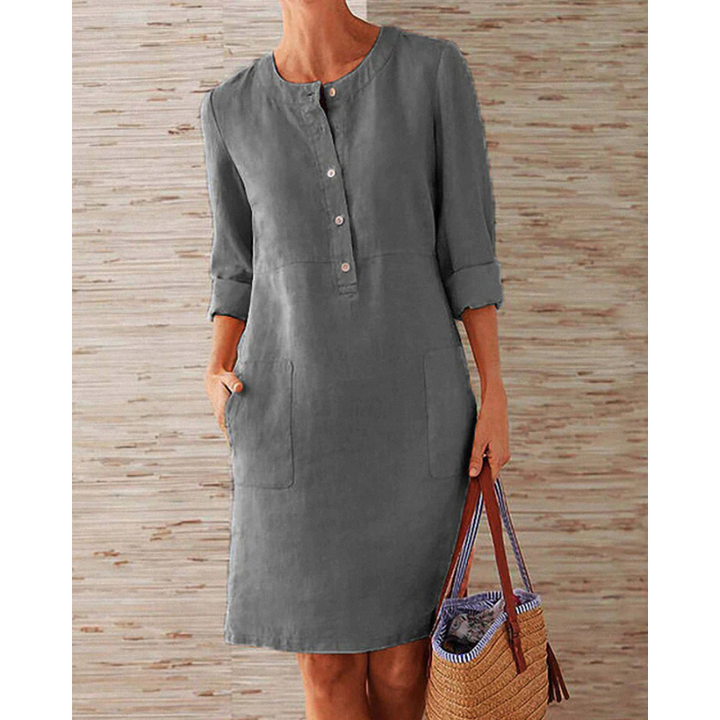 Stylish women's casual dress with pockets & round neckline – Niva-Grey-M-Nora Luxe