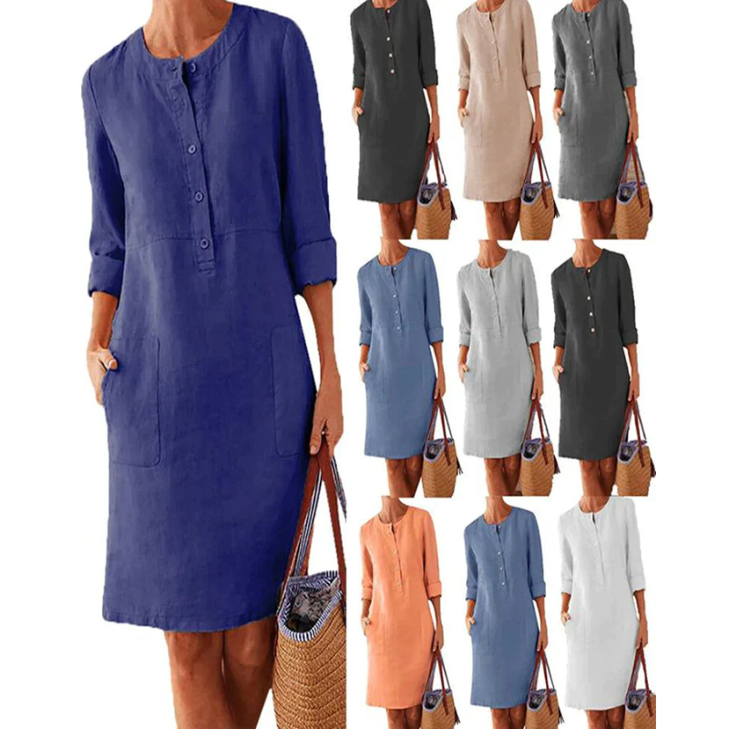 Stylish women's casual dress with pockets & round neckline – Niva-Navy blue-M-Nora Luxe