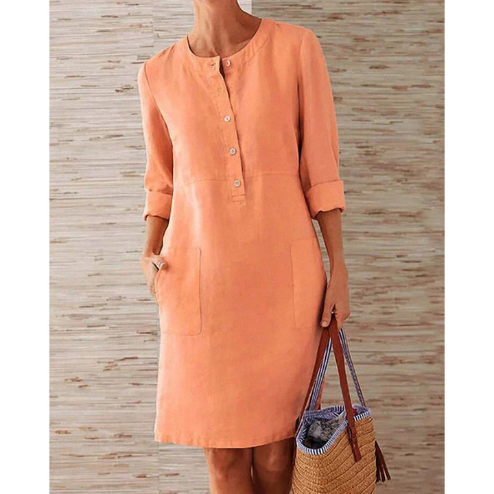 Stylish women's casual dress with pockets & round neckline – Niva-Orange-M-Nora Luxe