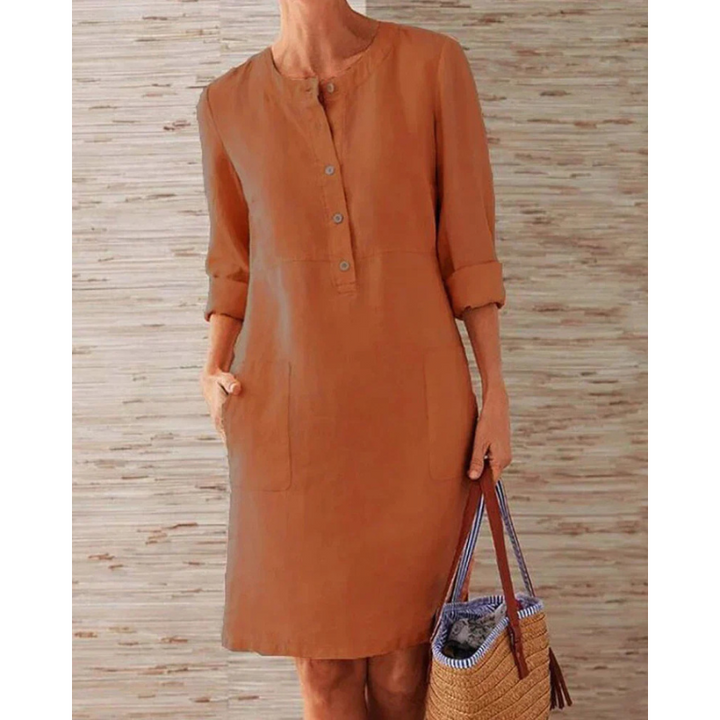 Stylish women's casual dress with pockets & round neckline – Niva-Red-M-Nora Luxe