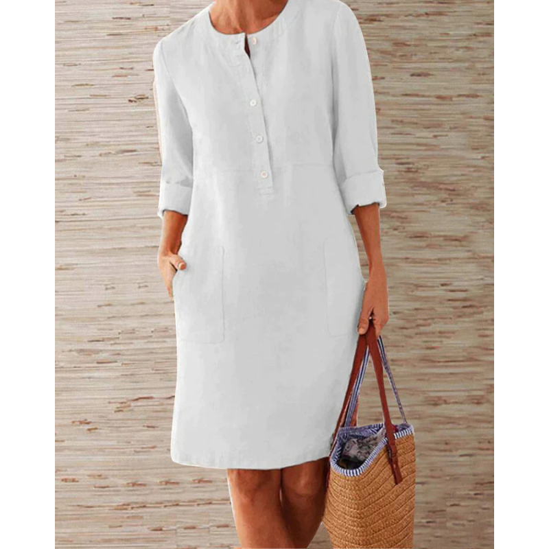 Stylish women's casual dress with pockets & round neckline – Niva-White-M-Nora Luxe