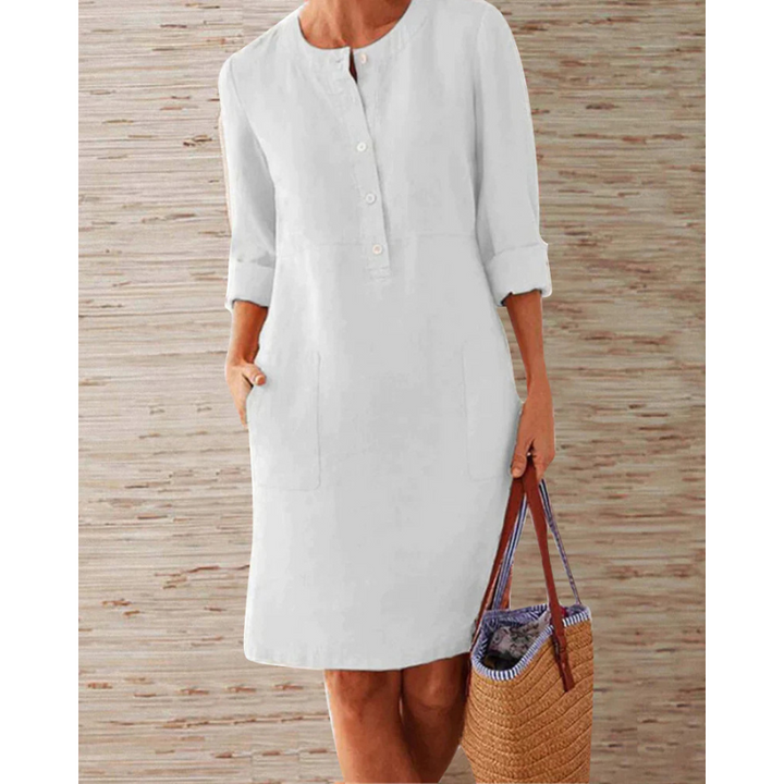 Stylish women's casual dress with pockets & round neckline – Niva-White-M-Nora Luxe