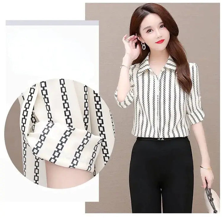 Stylish women's chiffon blouse with buttons & fold-over collar – Fenya-Khaki-L-Nora Luxe