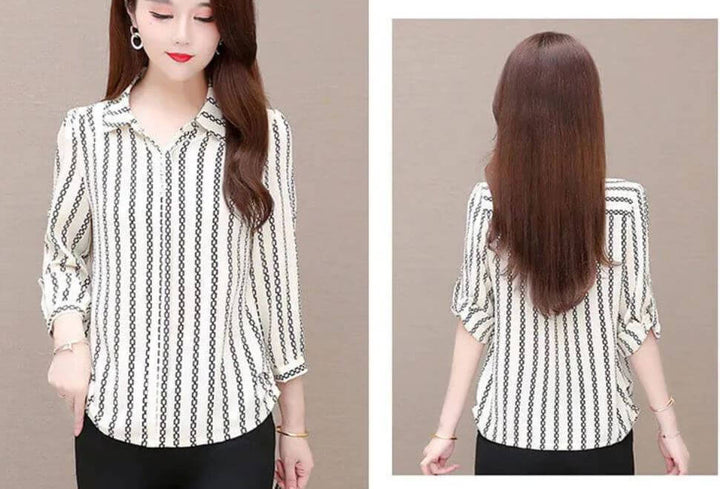 Stylish women's chiffon blouse with buttons & fold-over collar – Fenya-Khaki-L-Nora Luxe