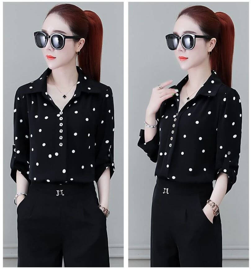 Stylish women's chiffon blouse with buttons & fold-over collar – Fenya-Khaki-L-Nora Luxe