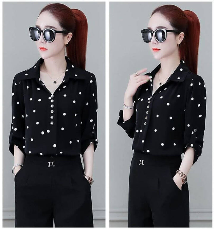 Stylish women's chiffon blouse with buttons & fold-over collar – Fenya-Khaki-L-Nora Luxe