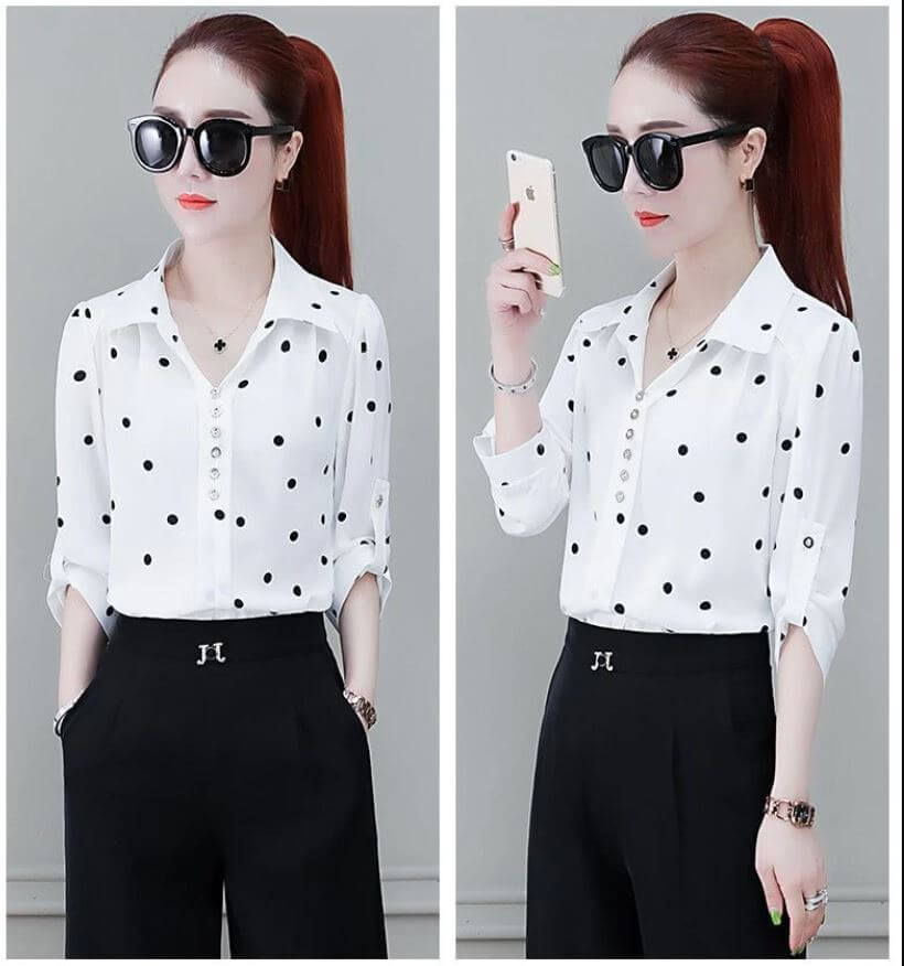 Stylish women's chiffon blouse with buttons & fold-over collar – Fenya-Khaki-L-Nora Luxe