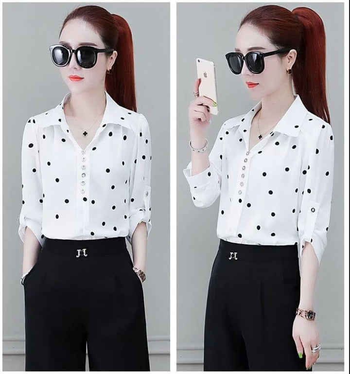 Stylish women's chiffon blouse with buttons & fold-over collar – Fenya-Khaki-L-Nora Luxe