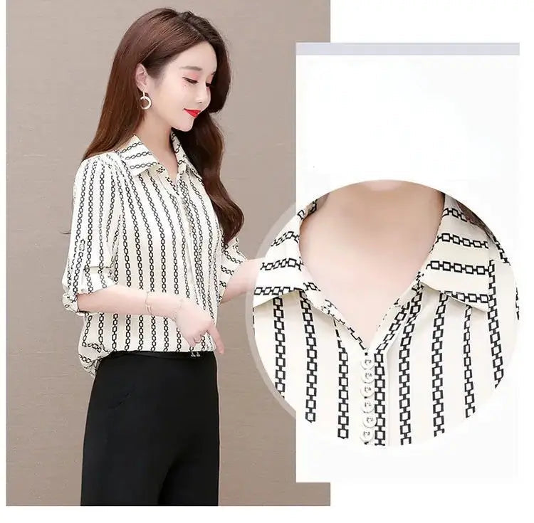 Stylish women's chiffon blouse with buttons & fold-over collar – Fenya-Khaki-L-Nora Luxe