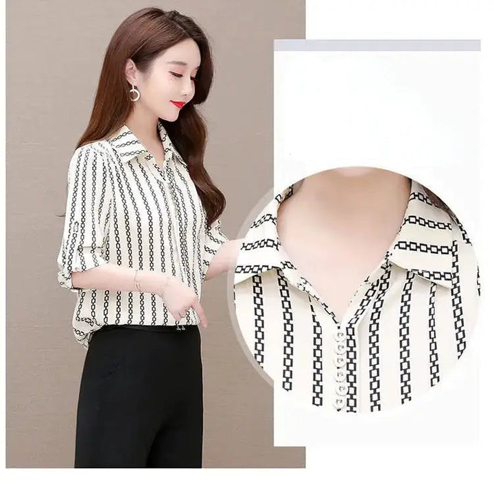 Stylish women's chiffon blouse with buttons & fold-over collar – Fenya-Khaki-L-Nora Luxe