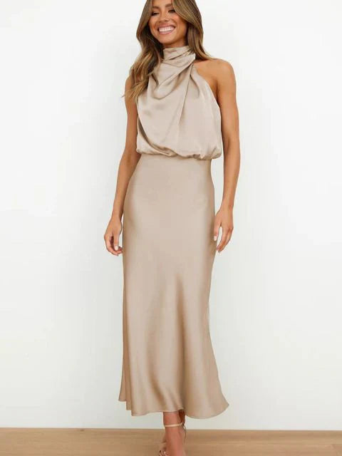 Stylish women's evening dress with a high neck made of satin for summer events – Elina-Beige-S-Nora Luxe