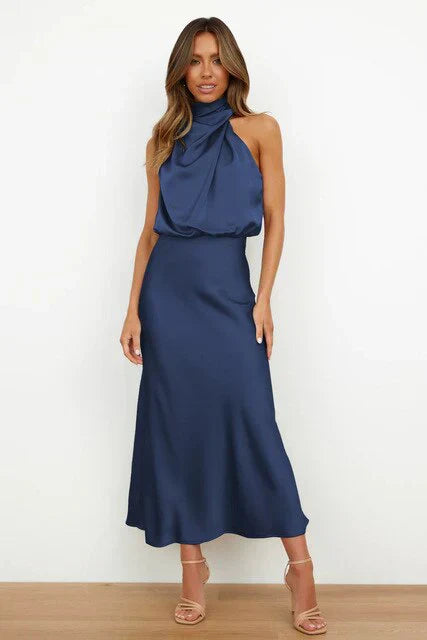 Stylish women's evening dress with a high neck made of satin for summer events – Elina-Blue-S-Nora Luxe