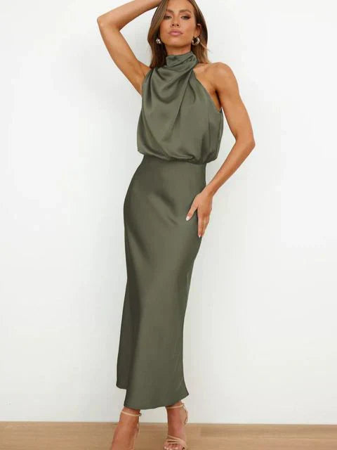 Stylish women's evening dress with a high neck made of satin for summer events – Elina-Green-S-Nora Luxe