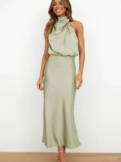 Stylish women's evening dress with a high neck made of satin for summer events – Elina-Light green-S-Nora Luxe