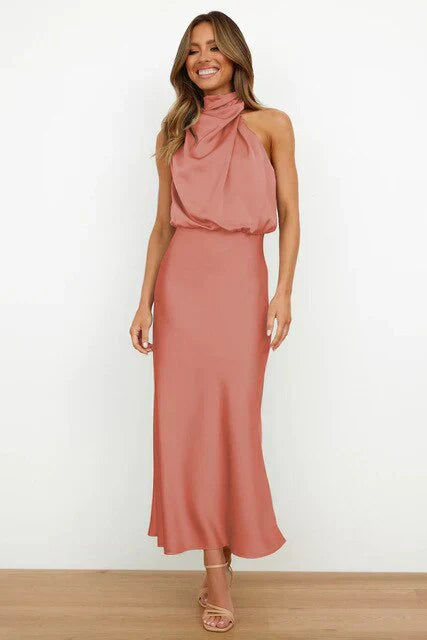 Stylish women's evening dress with a high neck made of satin for summer events – Elina-Pink-S-Nora Luxe