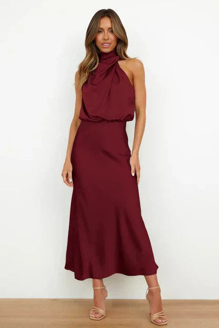 Stylish women's evening dress with a high neck made of satin for summer events – Elina-Red-S-Nora Luxe