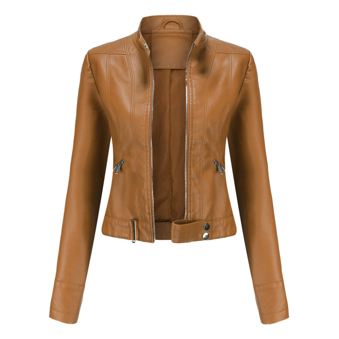 Stylish women's leather jacket in classic design – Marlene-Coffee brown-S-Nora Luxe