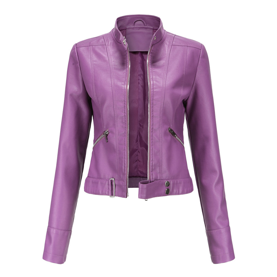 Stylish women's leather jacket in classic design – Marlene-Purple-S-Nora Luxe