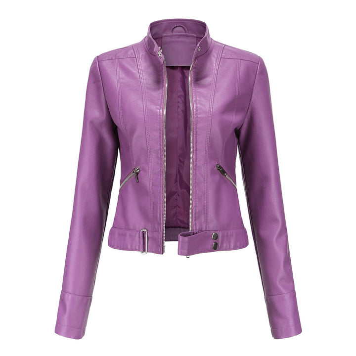 Stylish women's leather jacket in classic design – Marlene-Purple-S-Nora Luxe