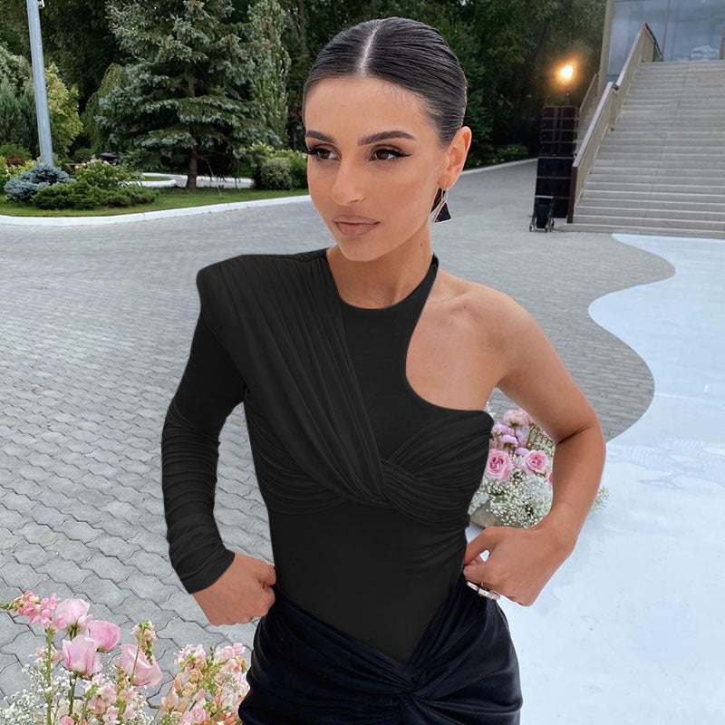 Stylish women's long-sleeve bodysuit with drape effect & figure-hugging cut – Mira-White-M-Nora Luxe