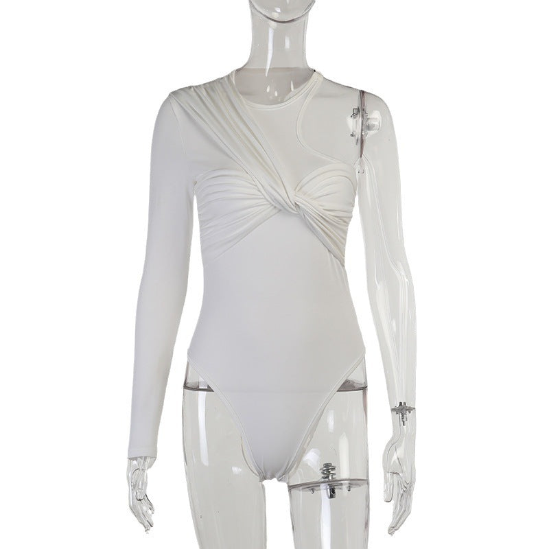 Stylish women's long-sleeve bodysuit with drape effect & figure-hugging cut – Mira-White-M-Nora Luxe