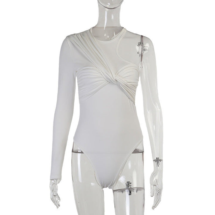 Stylish women's long-sleeve bodysuit with drape effect & figure-hugging cut – Mira-White-M-Nora Luxe