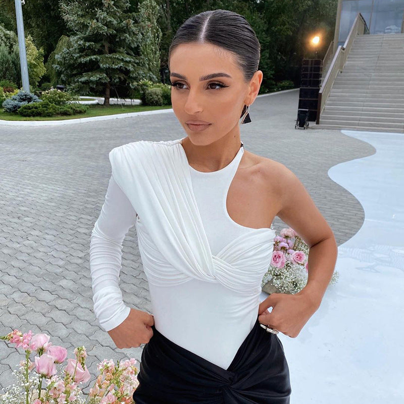 Stylish women's long-sleeve bodysuit with drape effect & figure-hugging cut – Mira-White-M-Nora Luxe