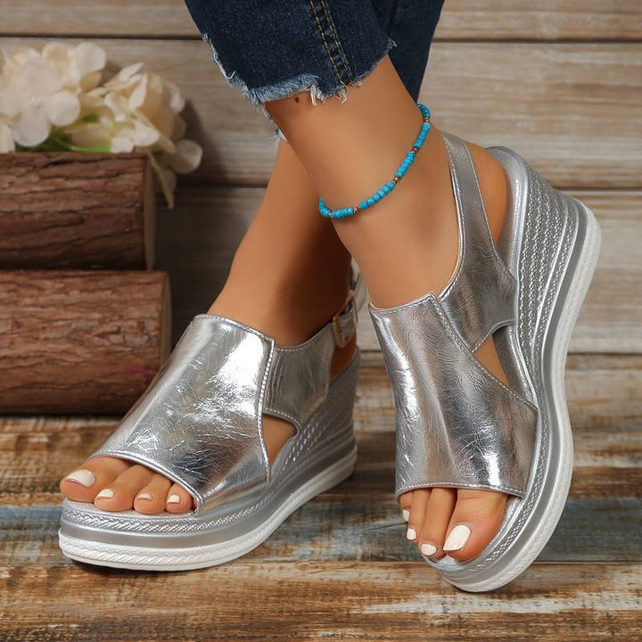 Stylish women's orthopedic summer shoes with wedge heel & fringe – Tilda-4-Silver-Nora Luxe