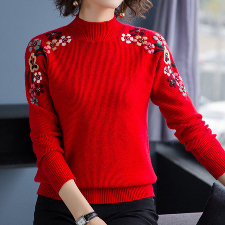 Stylish Women's Sweater with Floral Print - Isabeau-Red-XS-Nora Luxe