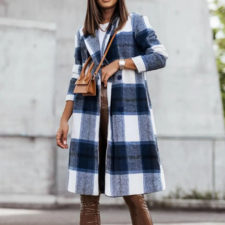 Stylish Wool Coat with Check for Women - Margot-Blue-white-S-Nora Luxe