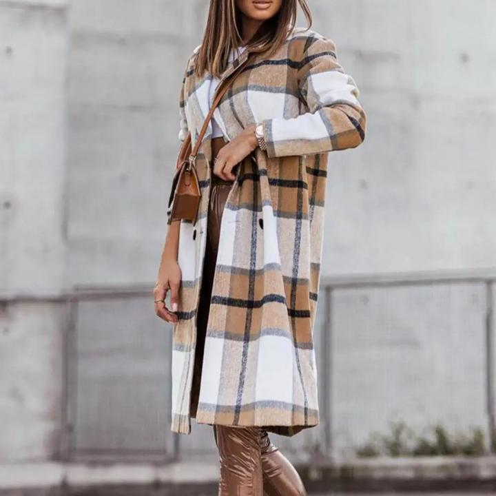 Stylish Wool Coat with Check for Women - Margot-Brown-white-S-Nora Luxe