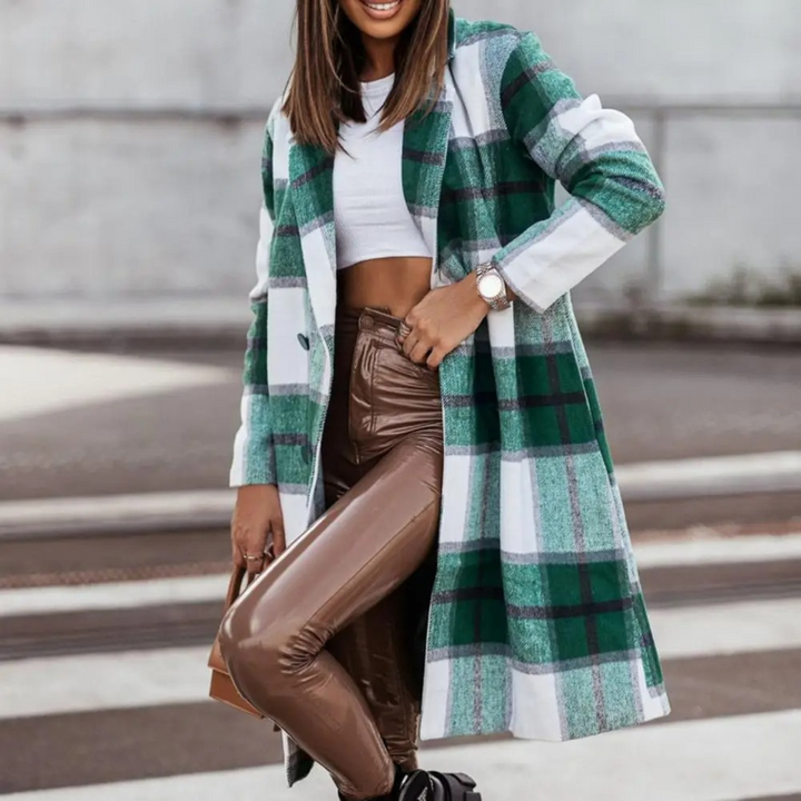 Stylish Wool Coat with Check for Women - Margot-Green and white-S-Nora Luxe