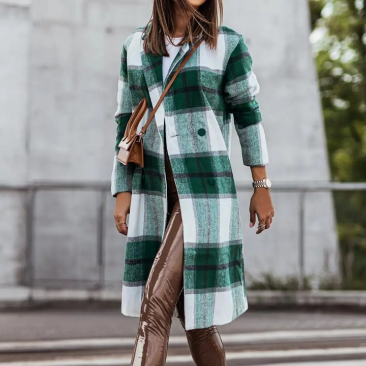 Stylish Wool Coat with Check for Women - Margot-Green and white-S-Nora Luxe