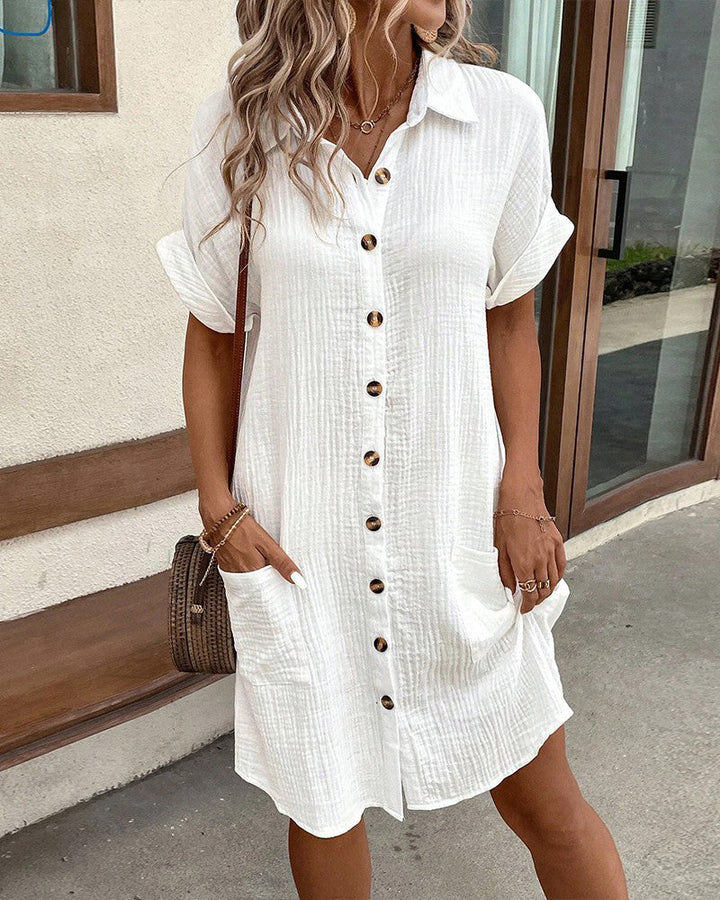 Summer dress with Button Closure and Short Sleeves – Lotte-White-S-State of Style