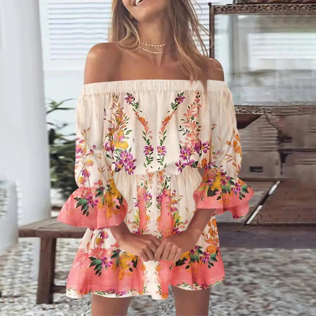 Summer dress with floral print and flared sleeves – Mireille-Pink-S-State of Style