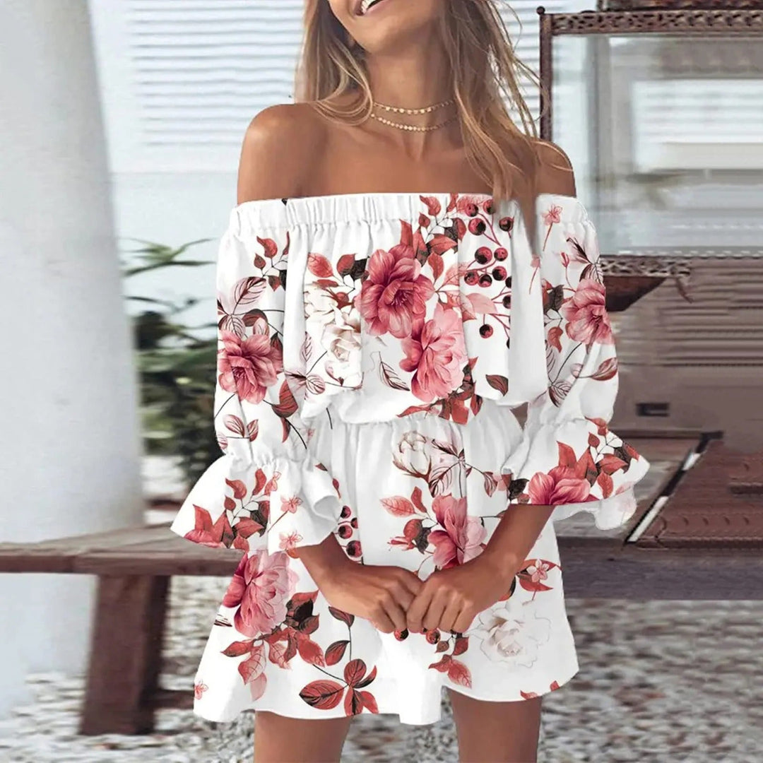 Summer dress with floral print and flared sleeves – Mireille-Pink White-S-State of Style