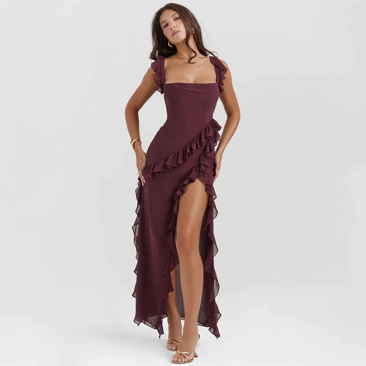 Summer dress with Ruffles – Amara-Bordeaux red-S-The Livary