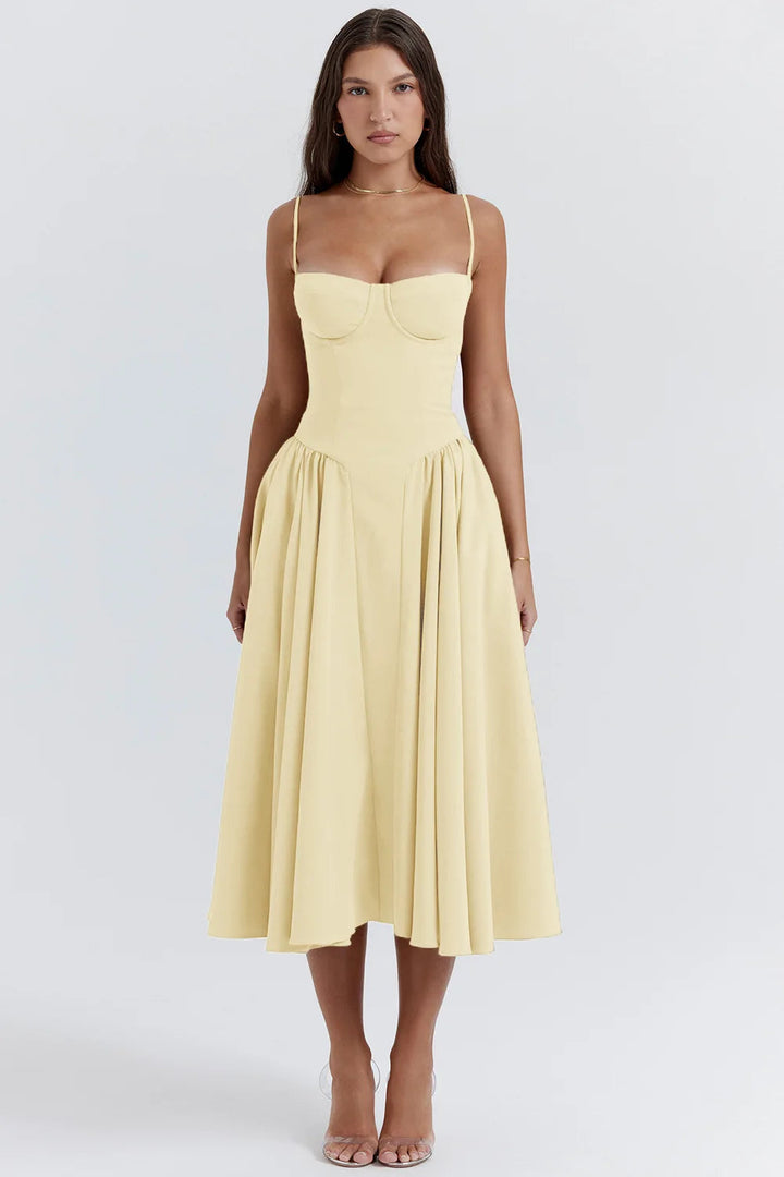 Summer dress with Sweetheart Neckline – Elvira-Yellow-S-The Livary