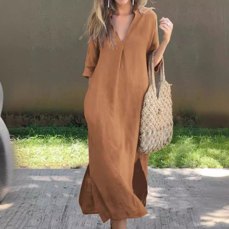 Summer dress with V-neck and thigh split – Soraya-Khaki-S-State of Style