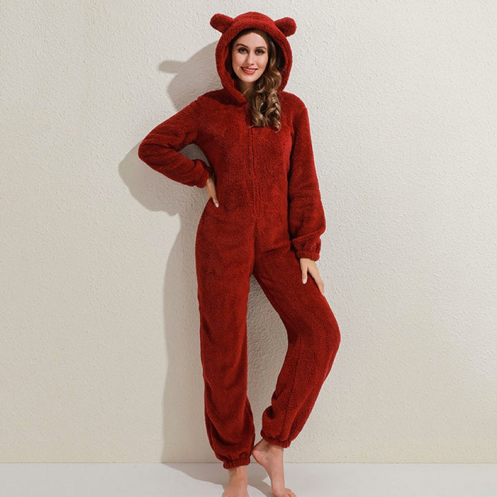 Super Soft Fleece Onesie with Bear Ears - BearHug-Bordeaux Red-S-Nora Luxe