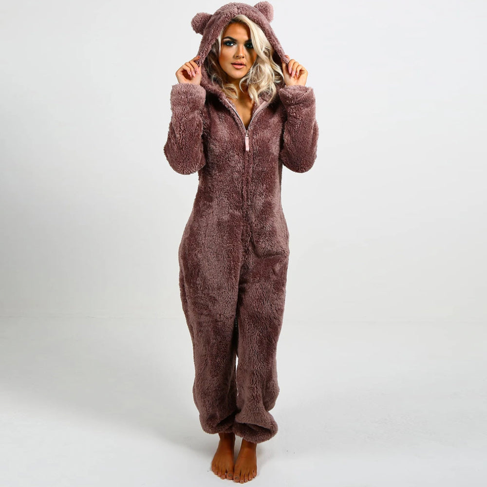 Super Soft Fleece Onesie with Bear Ears - BearHug-Brown-S-Nora Luxe