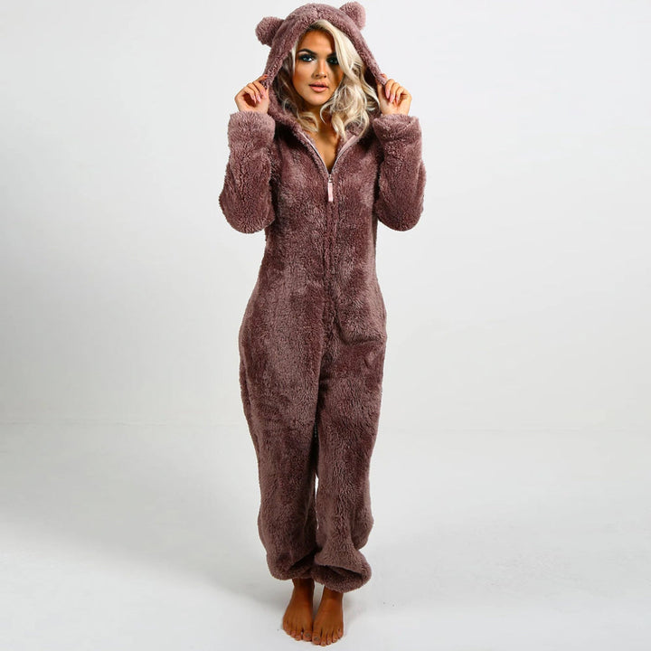 Super Soft Fleece Onesie with Bear Ears - BearHug-Brown-S-Nora Luxe