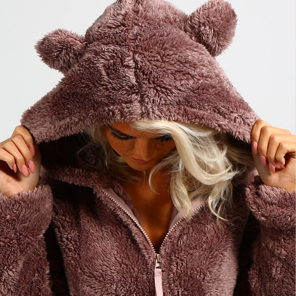 Super Soft Fleece Onesie with Bear Ears - BearHug-Pink-S-Nora Luxe
