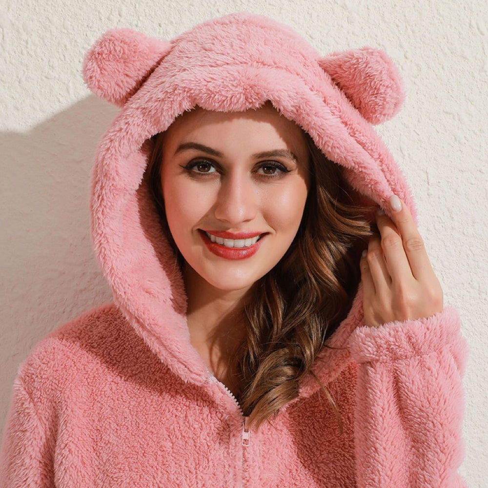 Super Soft Fleece Onesie with Bear Ears - BearHug-Pink-S-Nora Luxe