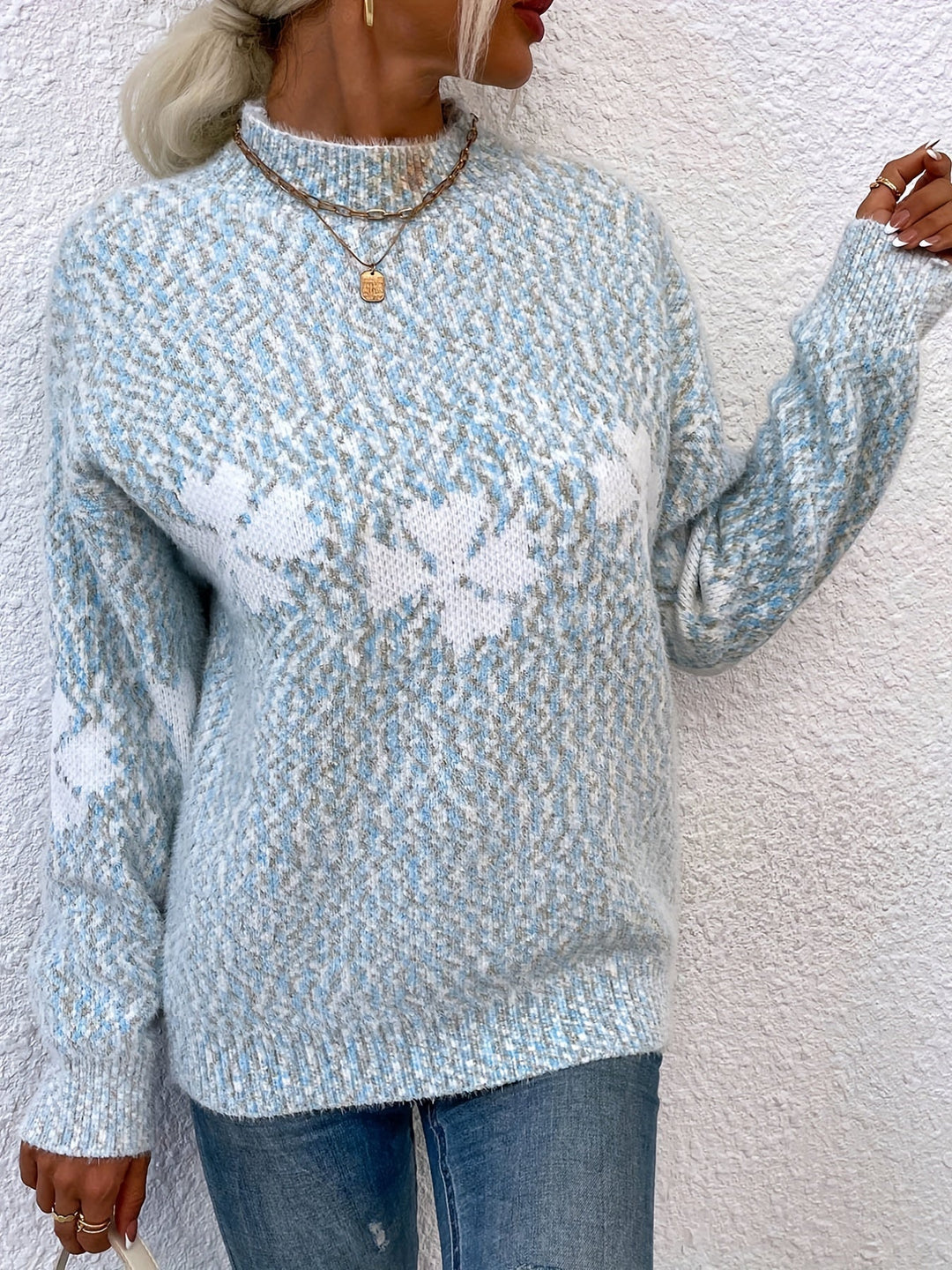 Sweater with Four-leaf Clover Pattern - Maeve-Light blue-S-Nora Luxe