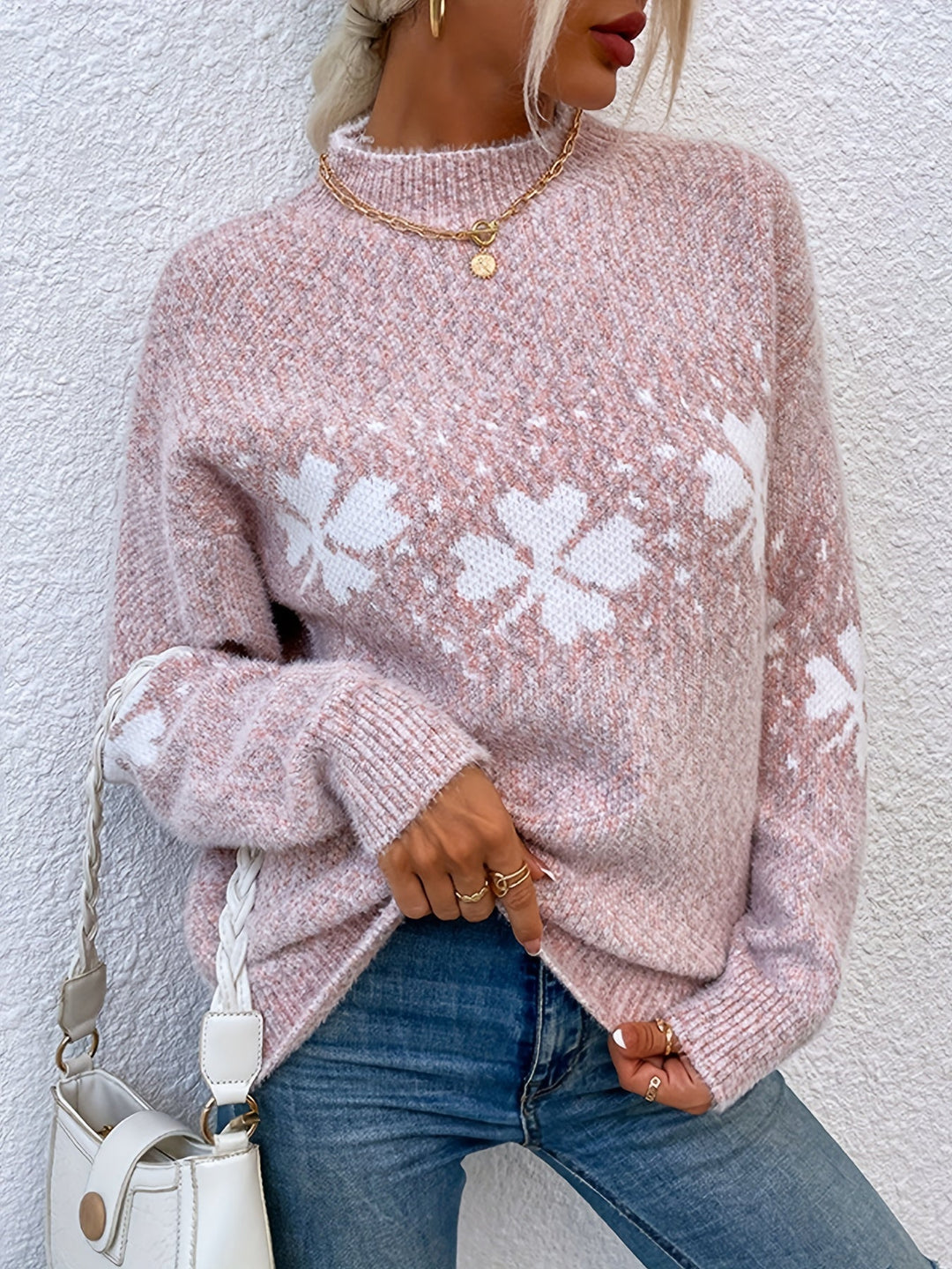 Sweater with Four-leaf Clover Pattern - Maeve-Pink-S-Nora Luxe