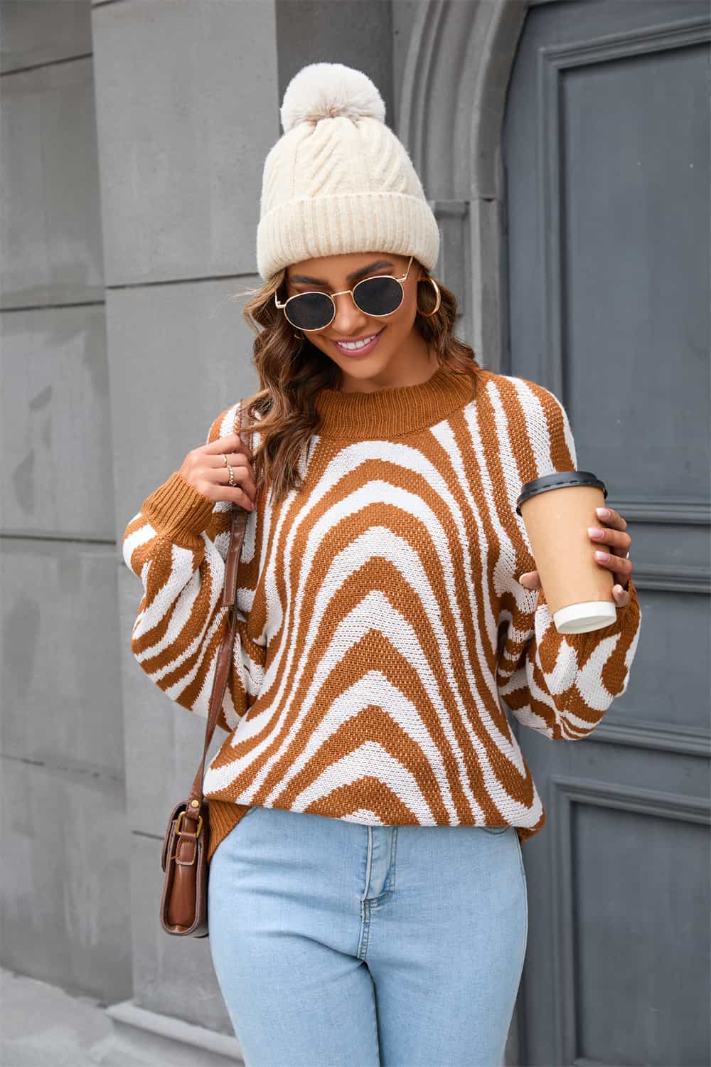 Sweater with Round Neck and Print - Azure-Caramel-S-Nora Luxe
