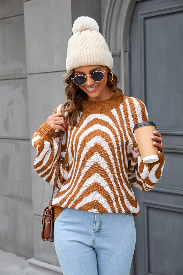 Sweater with Round Neck and Print - Azure-Caramel-S-Nora Luxe