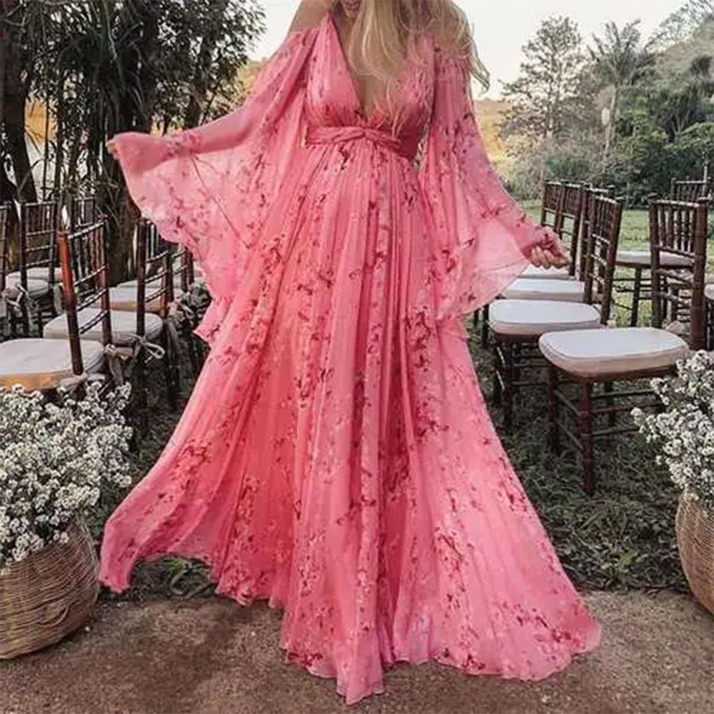 Swinging Pink Chiffon Dress with Flared Sleeves - Isabelle-S-The Livary